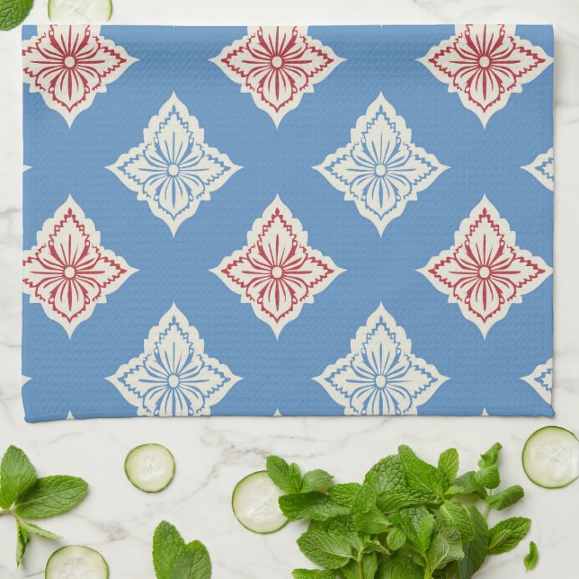 Traditional Floral Block Print Pattern Tea Towel (Folded)