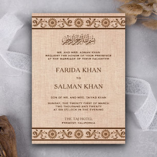 Traditional Floral Border Burlap Muslim Wedding Invitation