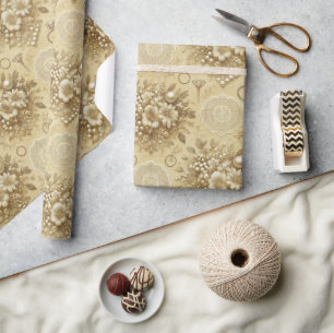 Traditional Floral Pearls and Lace Wedding Wrapping Paper