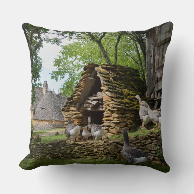 Traditional foie gras goose farm throw pillow (Front)