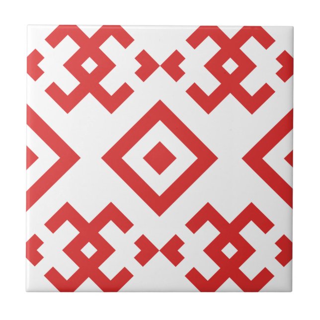 Traditional folk-inspired motif symmetrical geomet ceramic tile (Front)