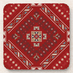 Traditional Folkloric Cross Stitch Pattern in Red Coaster