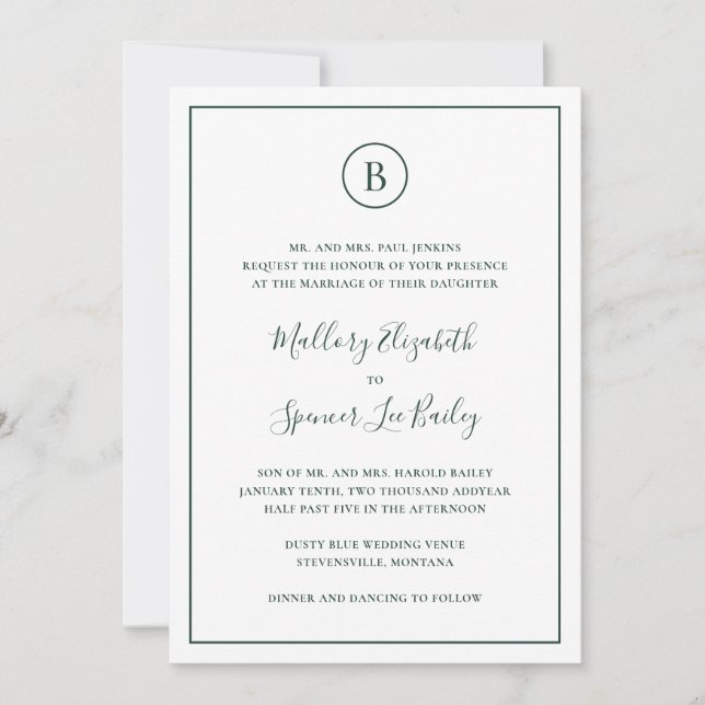 Traditional Forest Green All In One Wedding Invitation (Front)