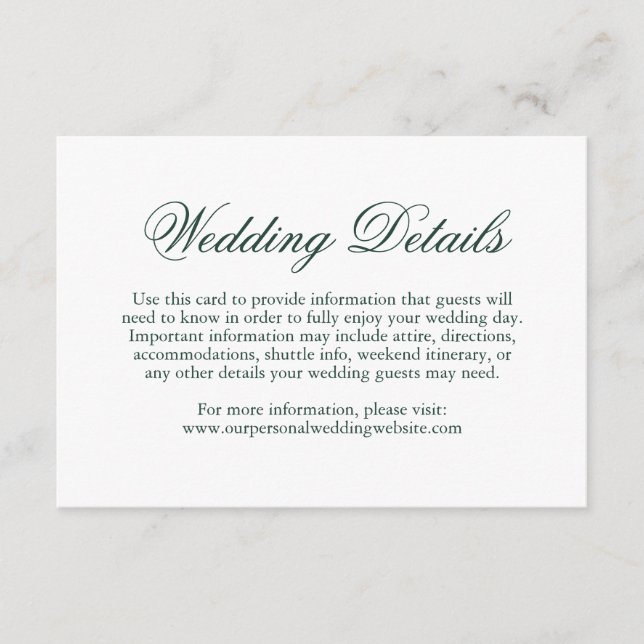 Traditional Forest Green Formal Elegant Wedding Enclosure Card (Front)