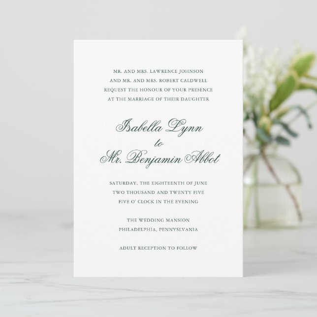 Traditional Forest Green Formal Elegant Wedding Invitation (Standing Front)