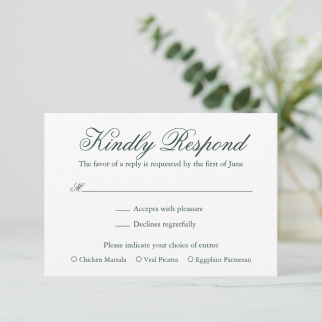Traditional Forest Green Formal Elegant Wedding RSVP Card (Standing Front)