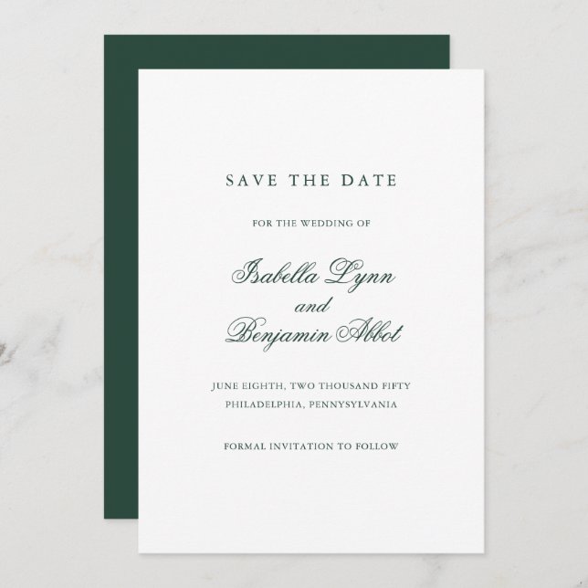 Traditional Forest Green Formal Elegant Wedding Save The Date (Front/Back)