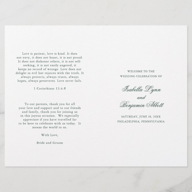 Traditional Forest Green Formal Wedding Program (Front)