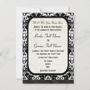 Traditional formal black and white damask wedding invitation