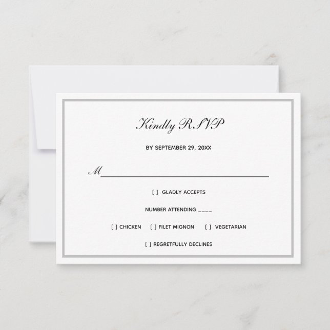 Traditional Formal Black White Silver Wedding RSVP Card (Front)