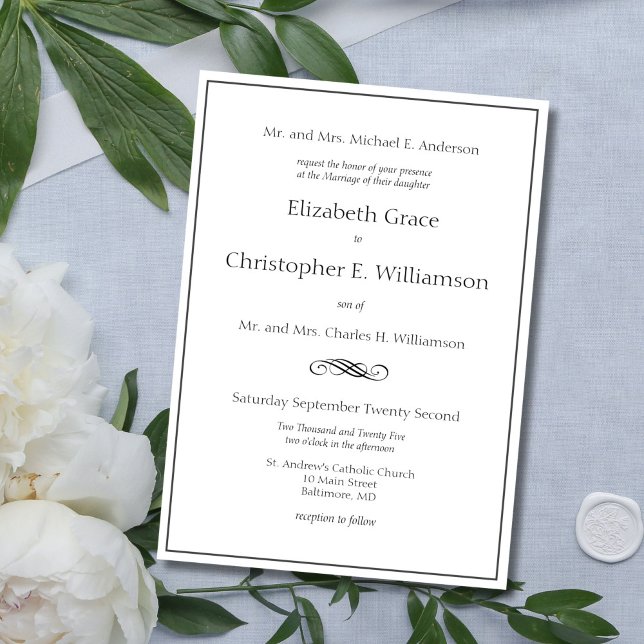 Traditional Formal Classic Both Parents Wedding Invitation (Traditional Classic Black White Formal wedding invitation. Both parents names)