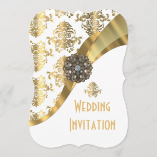 Traditional formal white and gold damask wedding invitation