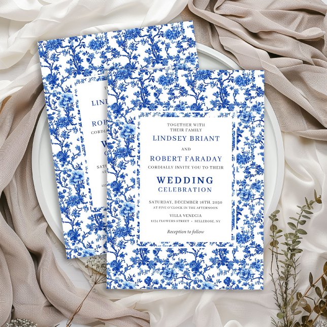 Traditional French Toile Blue Floral Wedding  Invitation (Traditional French Toile Blue Floral Wedding Invitation)