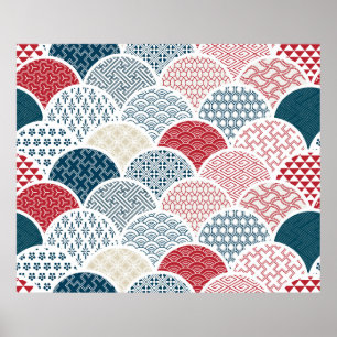 traditional geometric kimono pattern vintage sketc poster
