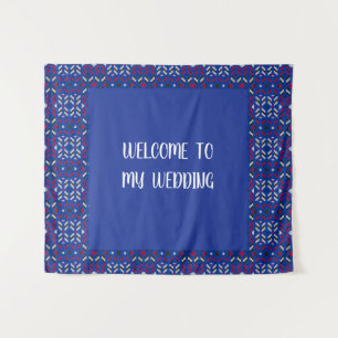 Traditional Geometric Pixel Pattern in Deep Blue  Tapestry