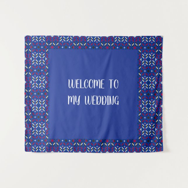 Traditional Geometric Pixel Pattern in Deep Blue  Tapestry (Front (Horizontal))