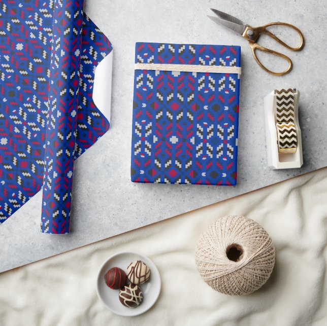 Traditional Geometric Pixel Pattern in Deep Blue  Wrapping Paper (Crafts)