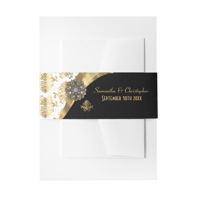 Traditional gold, black and white damask wedding invitation belly band (Front Example)
