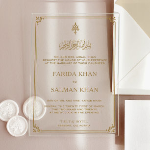 Traditional Gold Border Islamic Muslim Wedding Acrylic Invitations