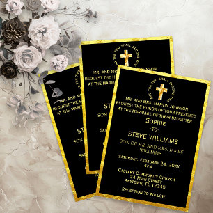 Traditional Gold Christian Cross Black Wedding Invitation