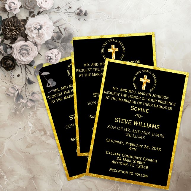 Traditional Gold Christian Cross Black Wedding Invitation (Traditional Gold Christian Cross Black Wedding Invitation)
