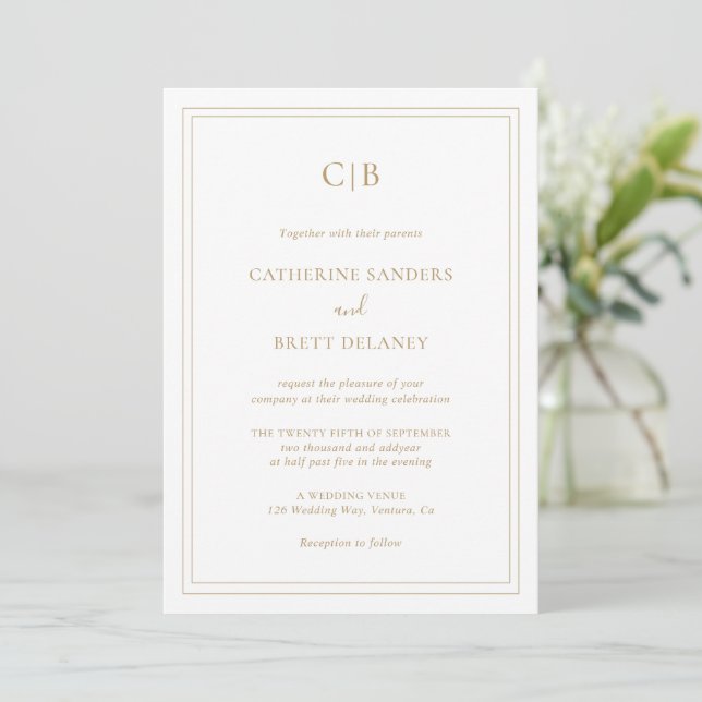 Traditional Gold Elegant Wedding Invitation (Standing Front)