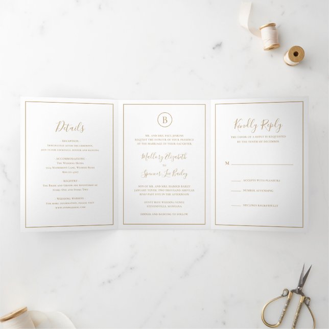 Traditional Gold Elegant Wedding Tri-Fold Invitation (Inside)
