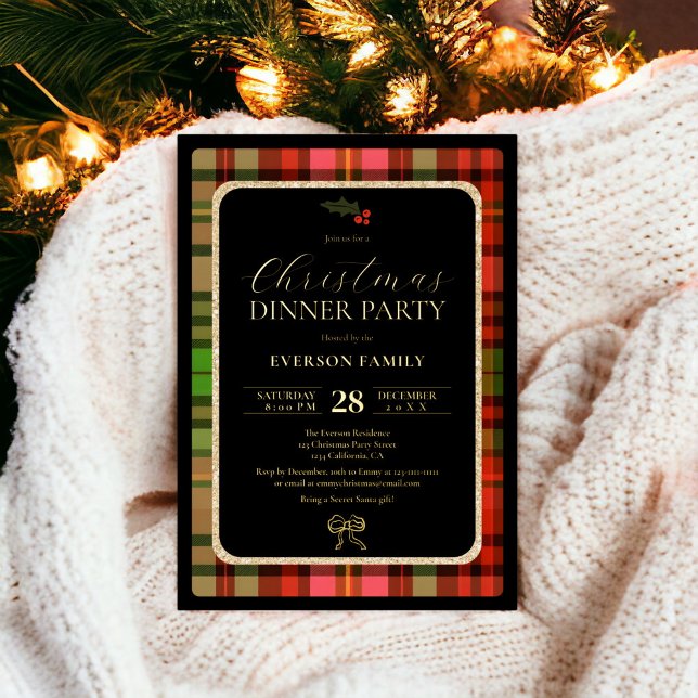 Traditional gold Festive Plaid Christmas Party (Traditional gold Festive Plaid Christmas Party Foil Invitation)
