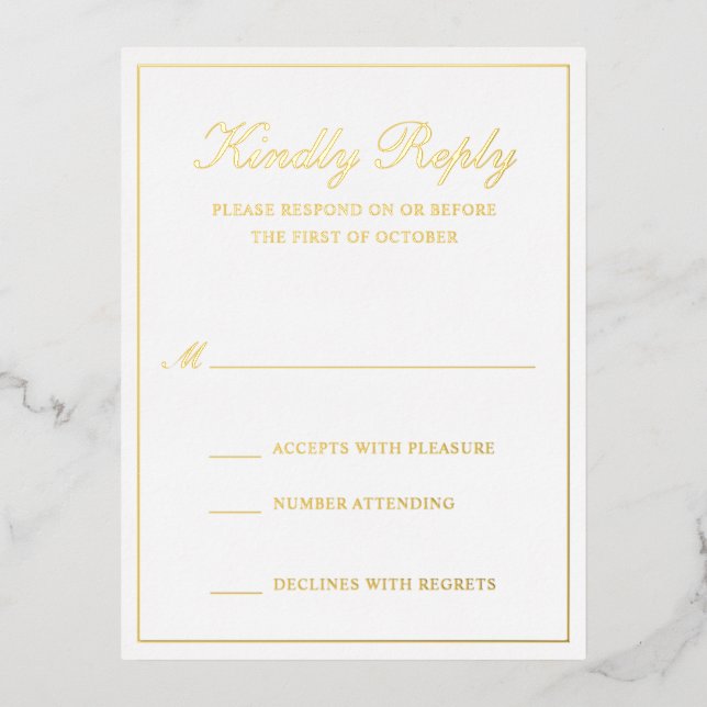 Traditional Gold Foil Formal Wedding RSVP Card (Front)