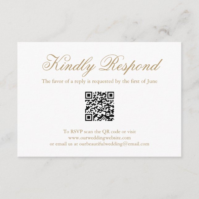 Traditional Gold Formal QR Code Elegant Wedding RSVP Card (Front)