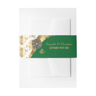 Traditional gold, green and white damask wedding invitation belly band