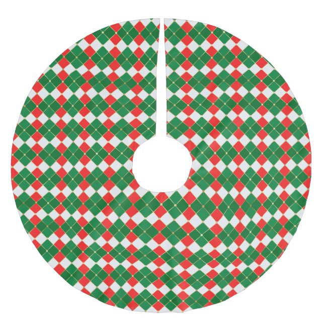 Traditional gold red green white rhomboid plaid brushed polyester tree skirt (Front)