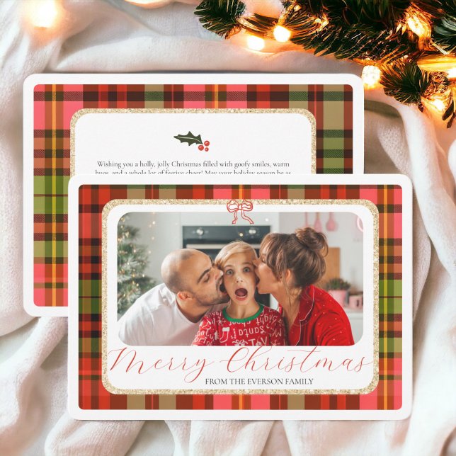 Traditional Gold Red Plaid Photo Merry Christmas Holiday Card (Traditional Gold Red Plaid Photo Merry Christmas Holiday Card)