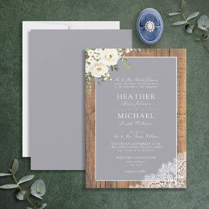 Traditional Gray Rustic Wood Lace Script Wedding Invitation