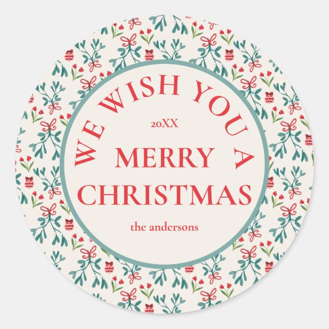 Traditional Green and Red Grand Millenial Pattern Classic Round Sticker (Front)