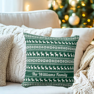 Traditional Green Christmas Reindeer Custom Cushion