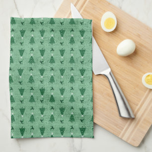 Traditional Green Christmas Trees & Reindeer Tea Towel