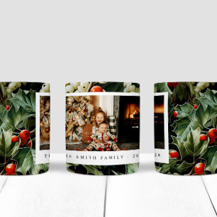 Traditional Green Holly Holiday Photo Coffee Mug