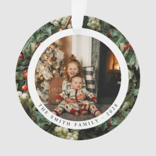 Traditional Green Holly Holiday Photo Ornament