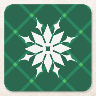 Traditional green plaid winter snowflake square paper coaster
