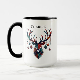 Traditional Green, Red and Orange Tartan Stag Mug
