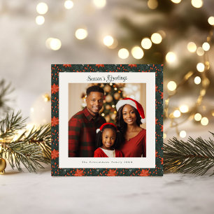 Traditional Green & Red Poinsettia Photo Christmas Card