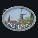 Traditional Green White Dutch Windmills Photo Belt Buckle<br><div class="desc">When you're on holiday or vacation in Holland visit the famous wooden windmills of the Zaanse Schans open air museum. These are real working original windmills of the Golden Age of Holland. The Zaan region derives its name from the river Zaan, a wide and lazy wetland river along which many...</div>