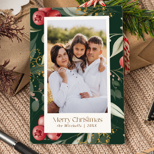 Traditional Greenery Berries Two Photos Christmas Holiday Card