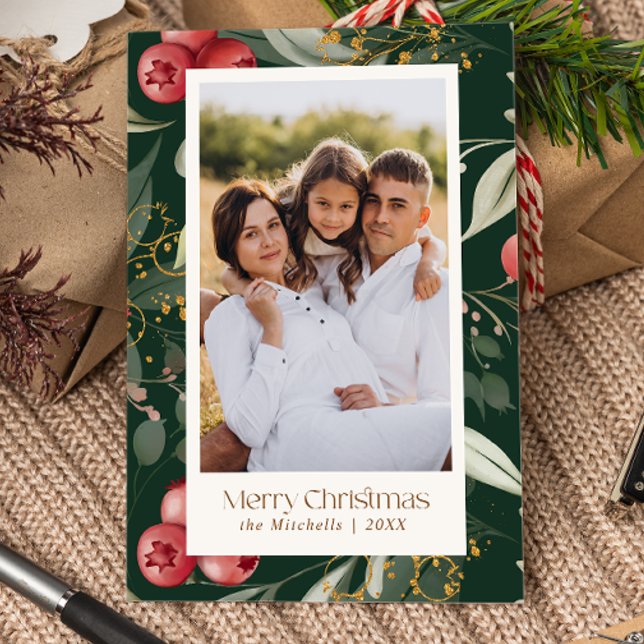 Traditional Greenery Berries Two Photos Christmas Holiday Card (Traditioanal berries in red, greenery leaves photo Christmas Card)