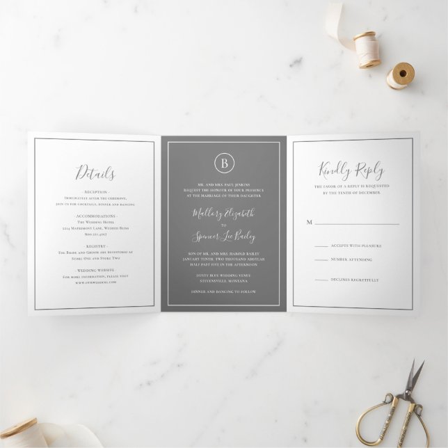 Traditional Grey Elegant Wedding Tri-Fold Invitation (Inside)