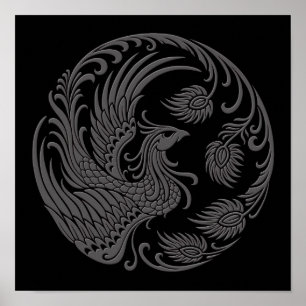 Traditional Grey Phoenix Circle on Black Poster