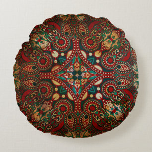 Traditional grunge ornamental floral paisley banda round cushion