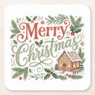 Traditional Hand Lettering Christmas Gingerbread Square Paper Coaster