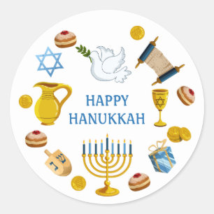 Traditional Hanukkah Elements Dove Star of David Classic Round Sticker